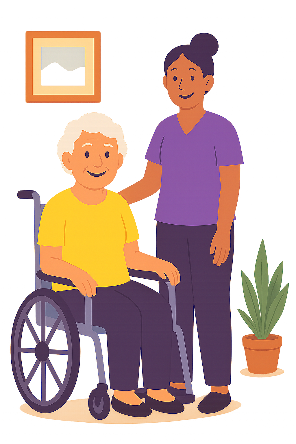 A caregiver standing beside a smiling older adult using a wheelchair