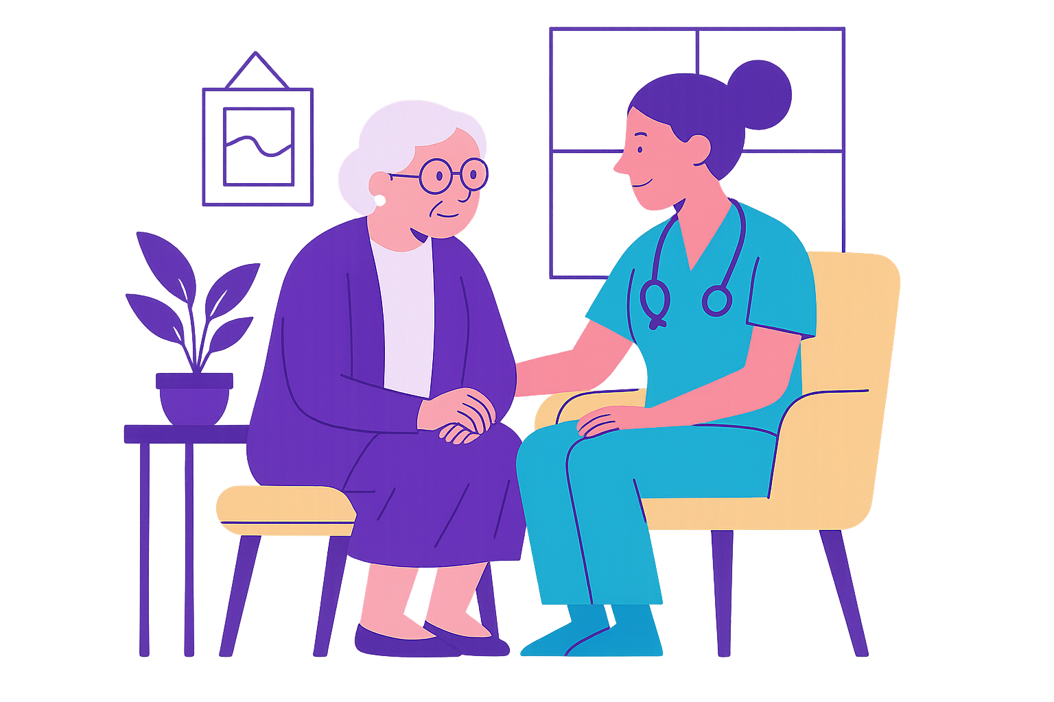 A home health care professional speaking warmly with an older adult