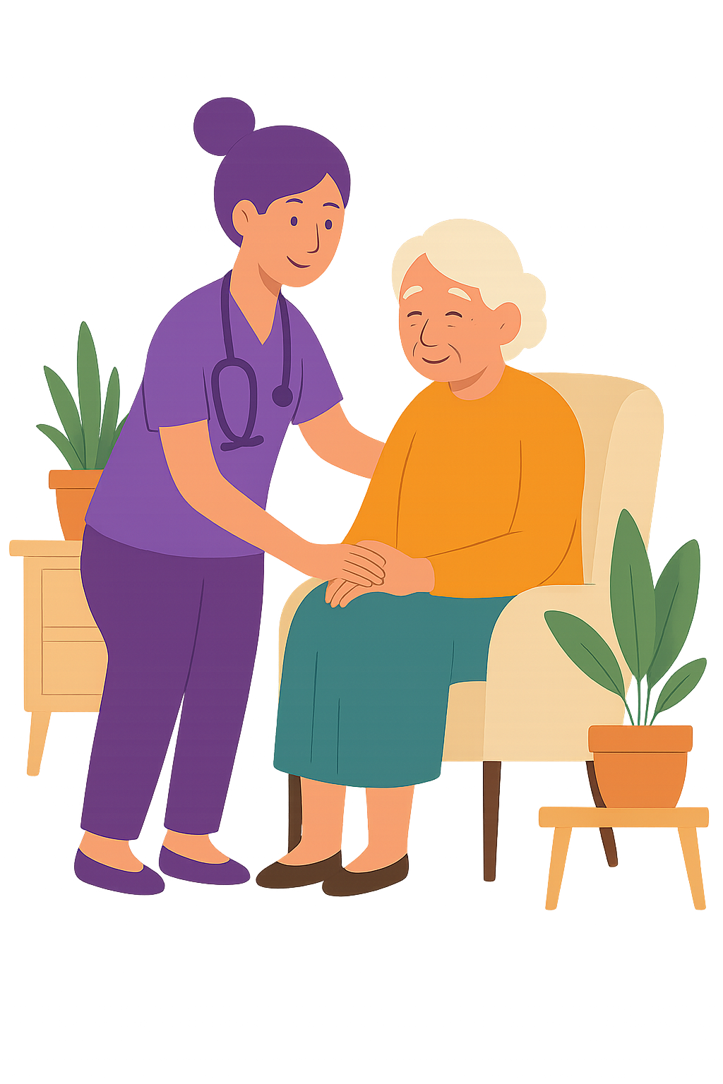 A healthcare professional providing reassuring support to an older adult at home